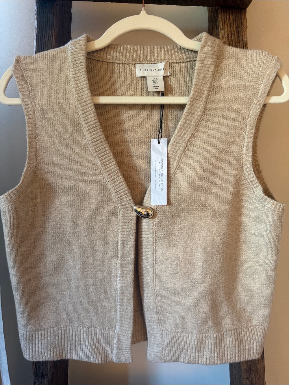 Sincerly Jules Beige Knit V-Neck Button Vest